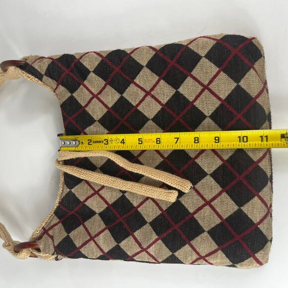 Reversible Sweater Purse Satchel Plaid Knit Wood Winter Cozy Fall Accessory Bag - Picture 8 of 10